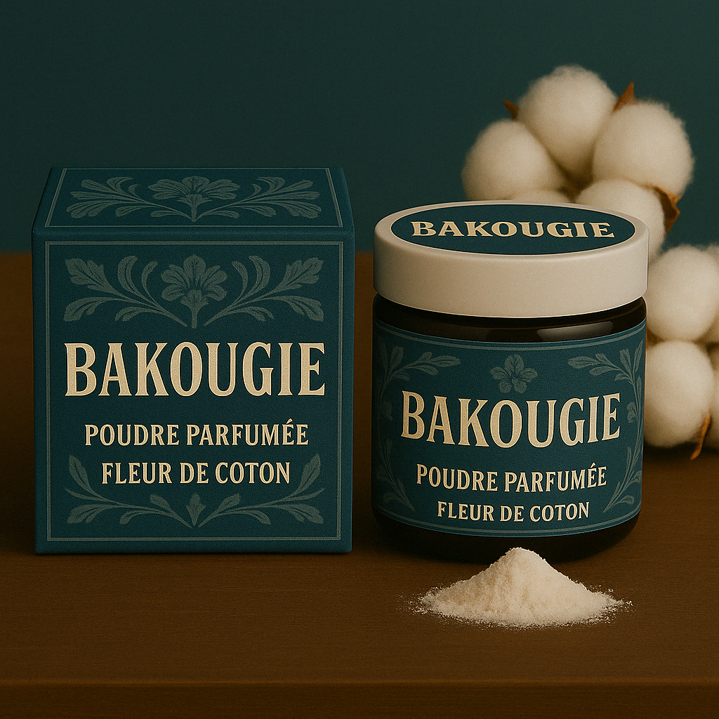 Poudre parfumée fleur de coton pour les aspirateurs et poubelles, bicarbonate de soude et fragrance de Grasse.
