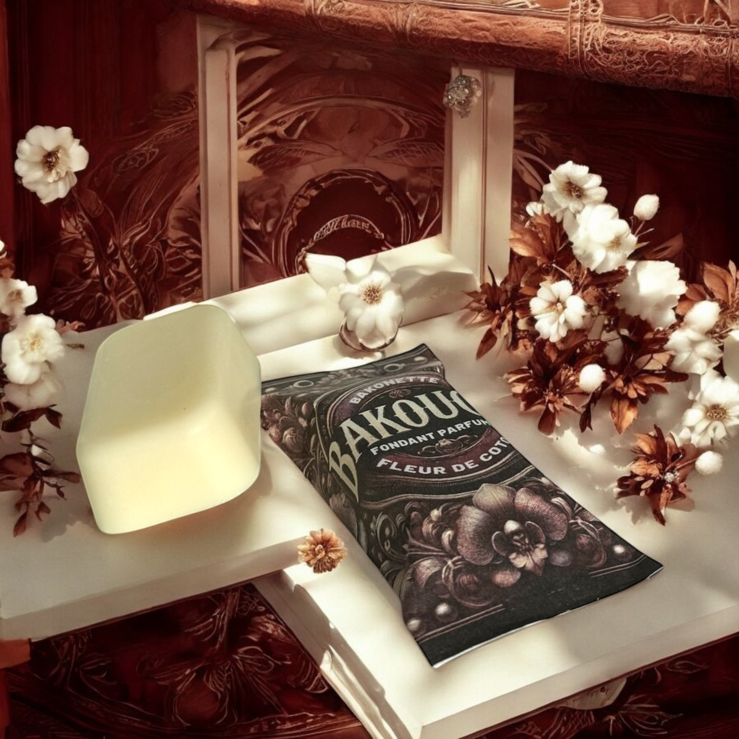 Fondant de cire parfumée fleur de coton, cire végétale et parfum français. Fabriqué à la main.