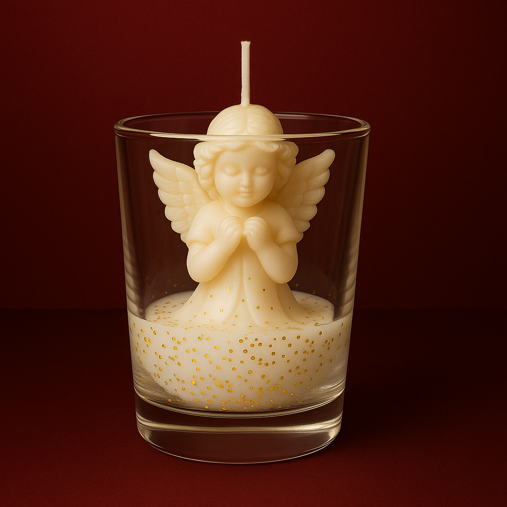 Bougie parfumée Angelito, représentant un ange, disponible en 19 parfums au choix. Fabriquée à la main avec de la cire végétale