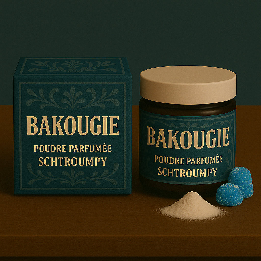 Poudre parfumée Schtroumpy pour les aspirateurs et poubelles, bicarbonate de soude et fragrance de Grasse.