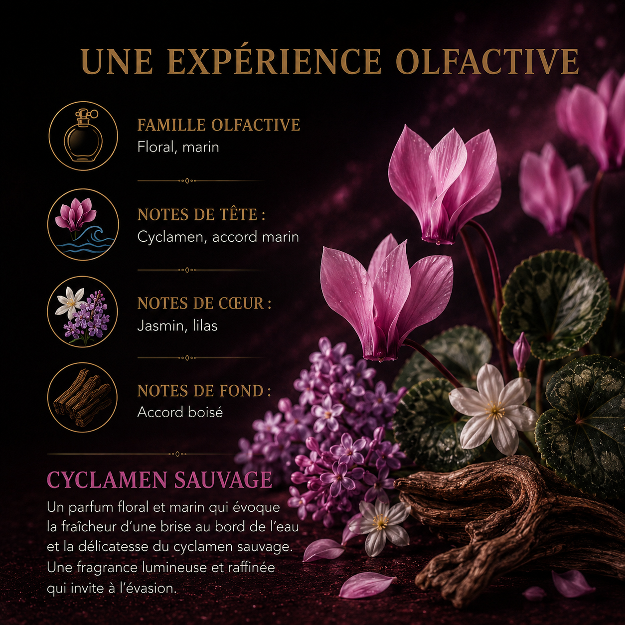 Fondant parfumé floral marin wax melt premium aux notes de cyclamen jasmin lilas et accord boisé pour intérieur