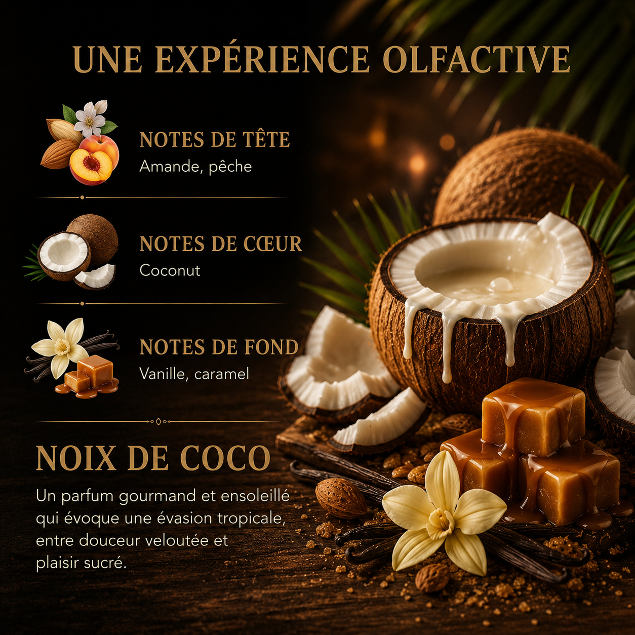 Fondant parfumé tropical coconut wax melt noix de coco caramel vanille cire végétale artisanale française