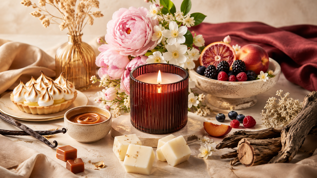 Univers olfactifs gourmand, floral, fruité et boisé présentés côte à côte