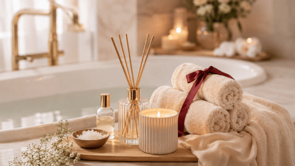 Ambiance spa ou hôtel à la maison avec bougie et parfum d’intérieur