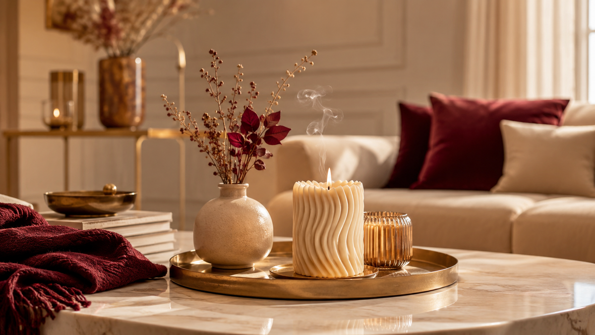 Bougie artisanale décorative intégrée dans un intérieur élégant et lumineux