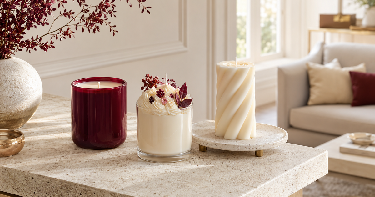 Trois formats de bougies parfumées Bakougie dans un intérieur lumineux