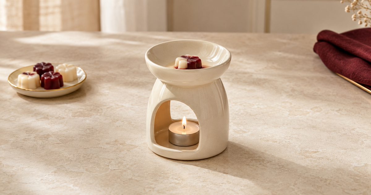 Brûle-parfum en céramique posé sur une surface stable avec un fondant parfumé