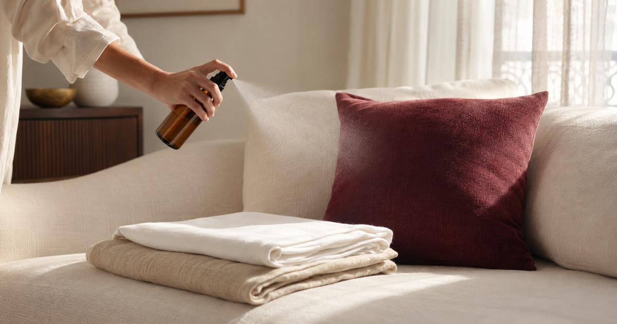 Brume textile vaporisée à distance sur un coussin et du linge de maison