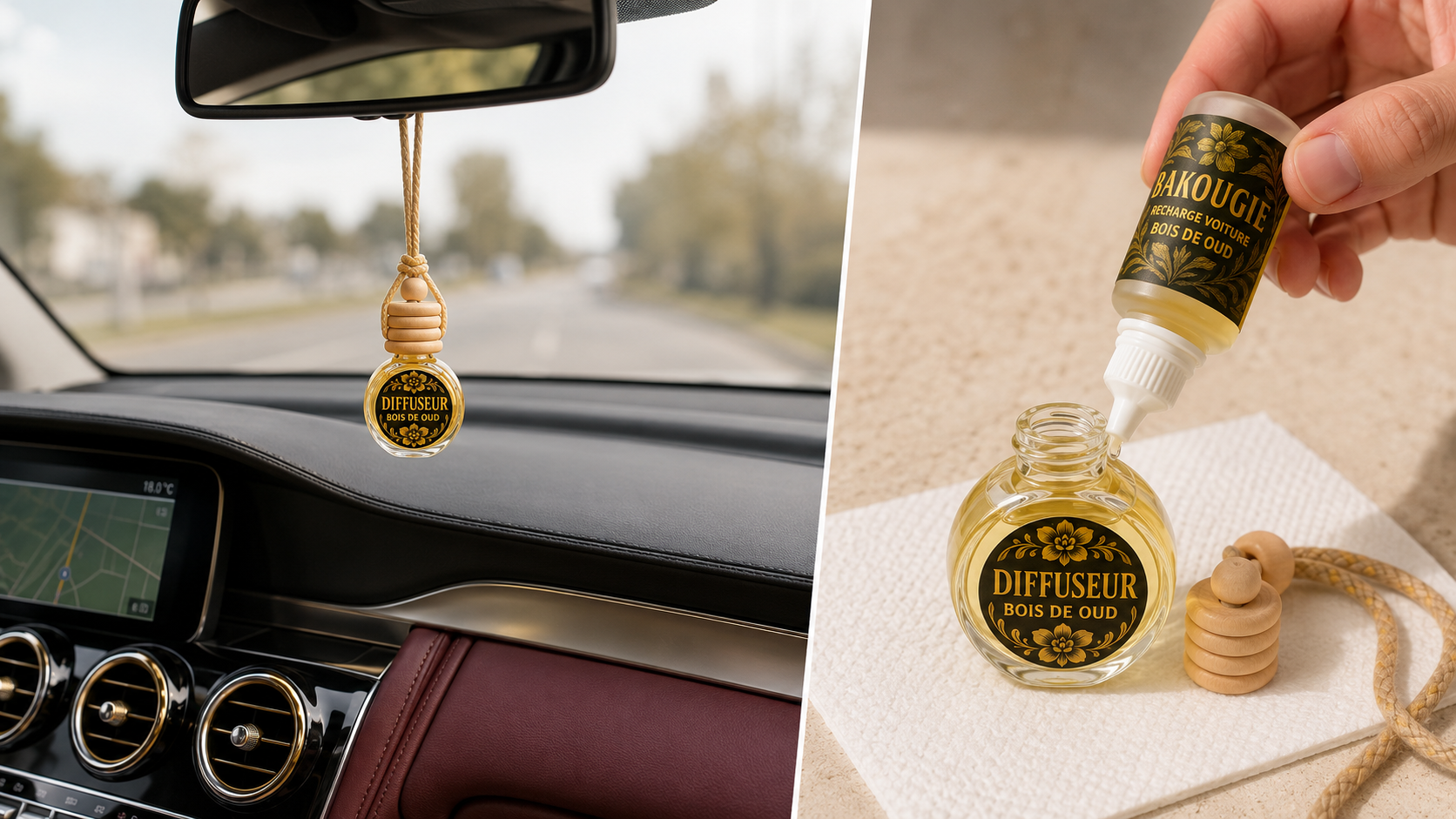 Diffuseur voiture Bois de Oud BAKOUGIE suspendu verticalement et rempli avec sa recharge parfumée