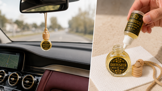 Diffuseur voiture Bois de Oud BAKOUGIE suspendu verticalement et rempli avec sa recharge parfumée