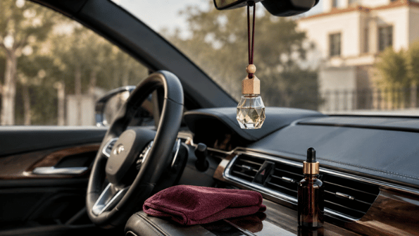 Diffuseur parfumé suspendu dans une voiture avec matériel de nettoyage