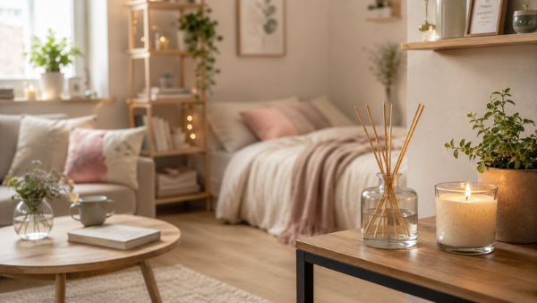 Bougie et fondants parfumés dans un intérieur lumineux et minimaliste