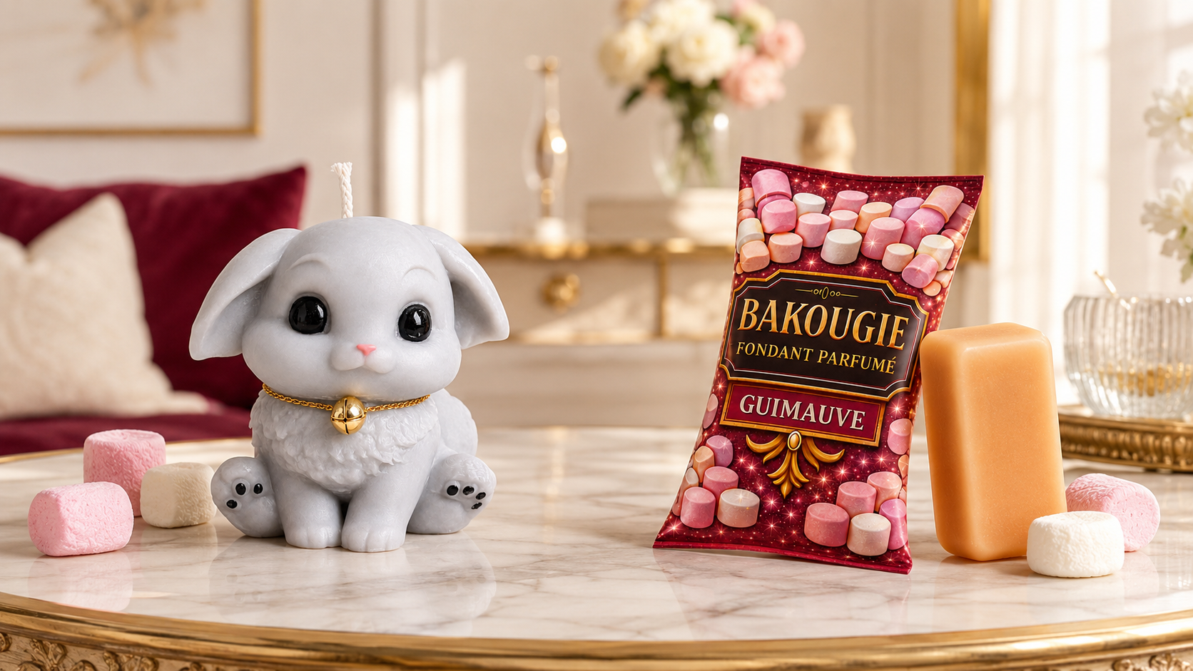 Bougie Lupi et fondant Bakonette Guimauve BAKOUGIE présentés côte à côte pour comparer les deux formats