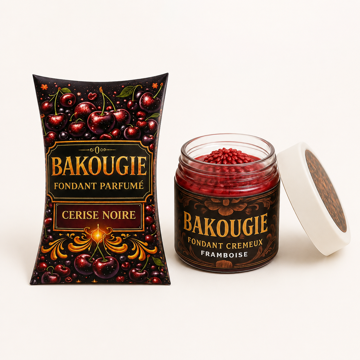 Fondants parfumés solides et crémeux Bakougie présentés côte à côte
