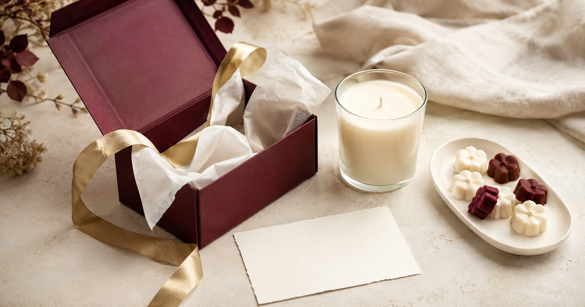Coffret cadeau parfumé avec bougie et fondants dans une ambiance bordeaux et dorée