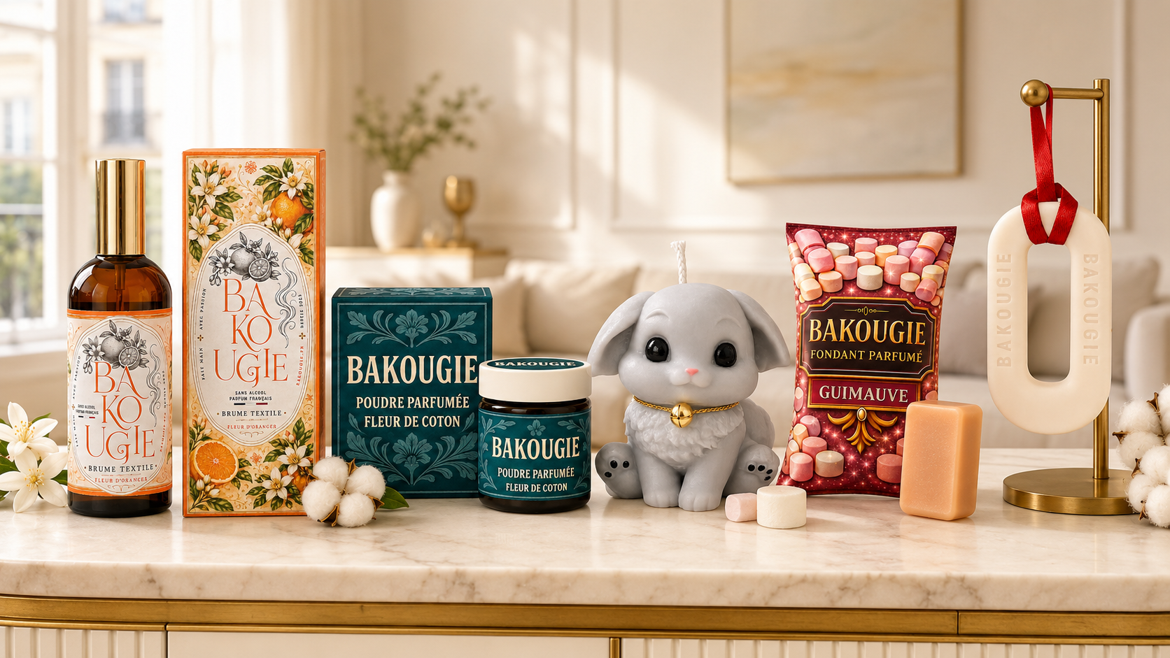 Produits Bakougie pour parfumer la maison : brume textile, poudre parfumée, suspension, bougie Lupi et fondant Guimauve