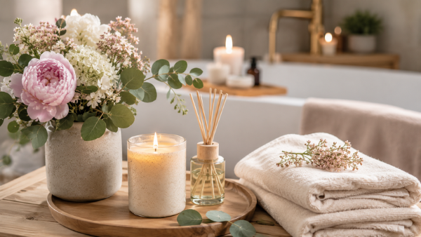 Brûle-parfum et accessoires dans une ambiance de spa apaisante