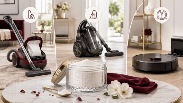 Poudre parfumée avec aspirateur avec sac, sans sac et robot aspirateur