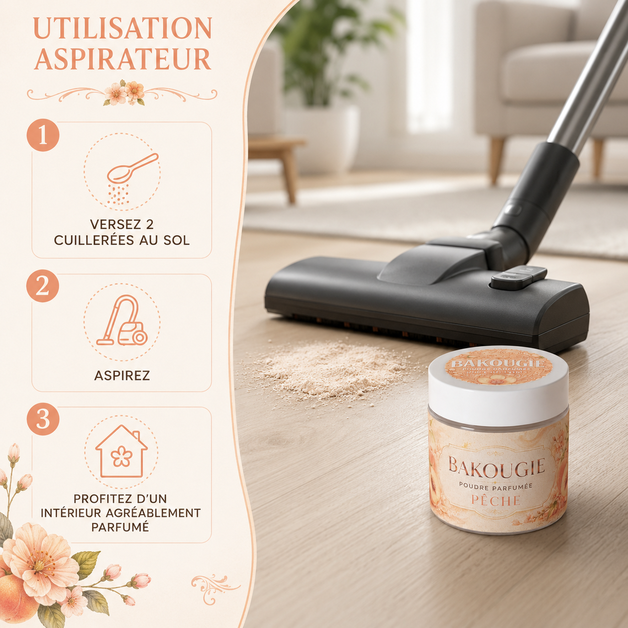 Poudre parfumée aspirateur et poubelle | Pêche