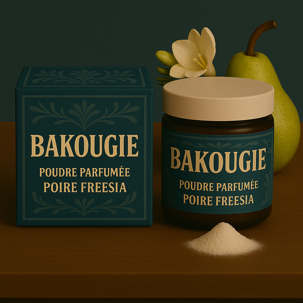 Poudre parfumée poire freesia pour les aspirateurs et poubelles, bicarbonate de soude et fragrance de Grasse.