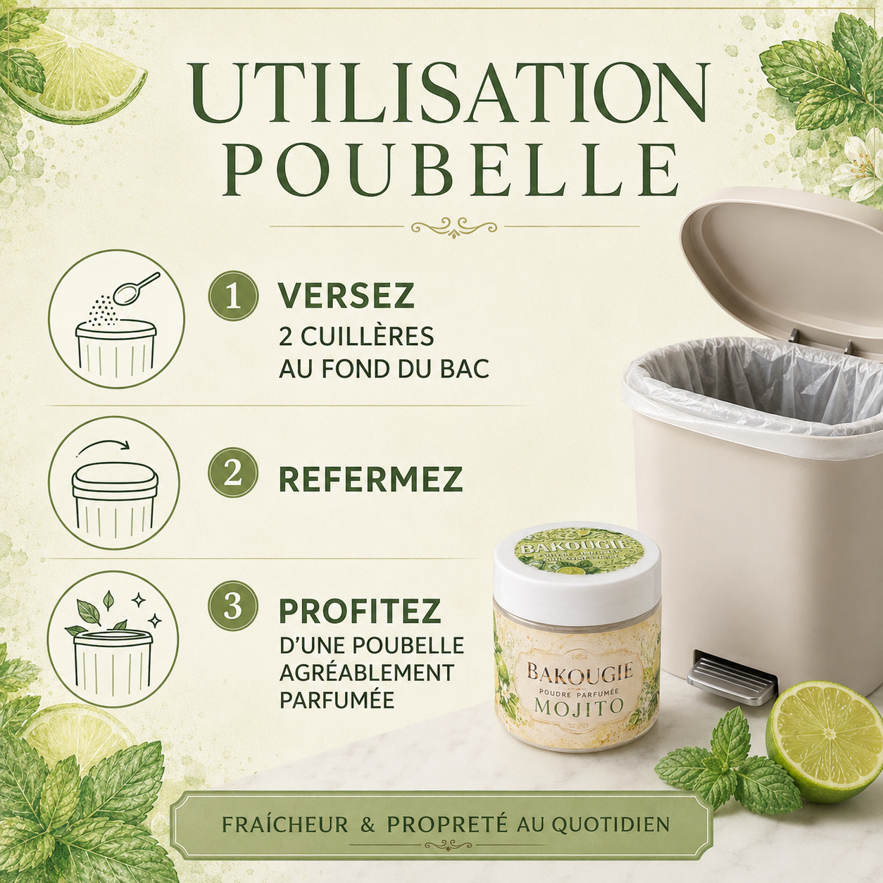 Poudre parfumée aspirateur et poubelle | Mojito