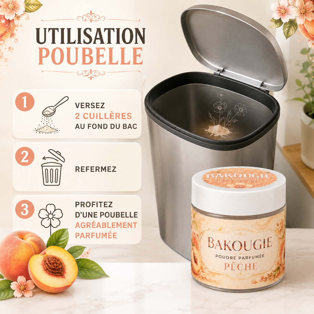 Poudre parfumée aspirateur et poubelle | Pêche