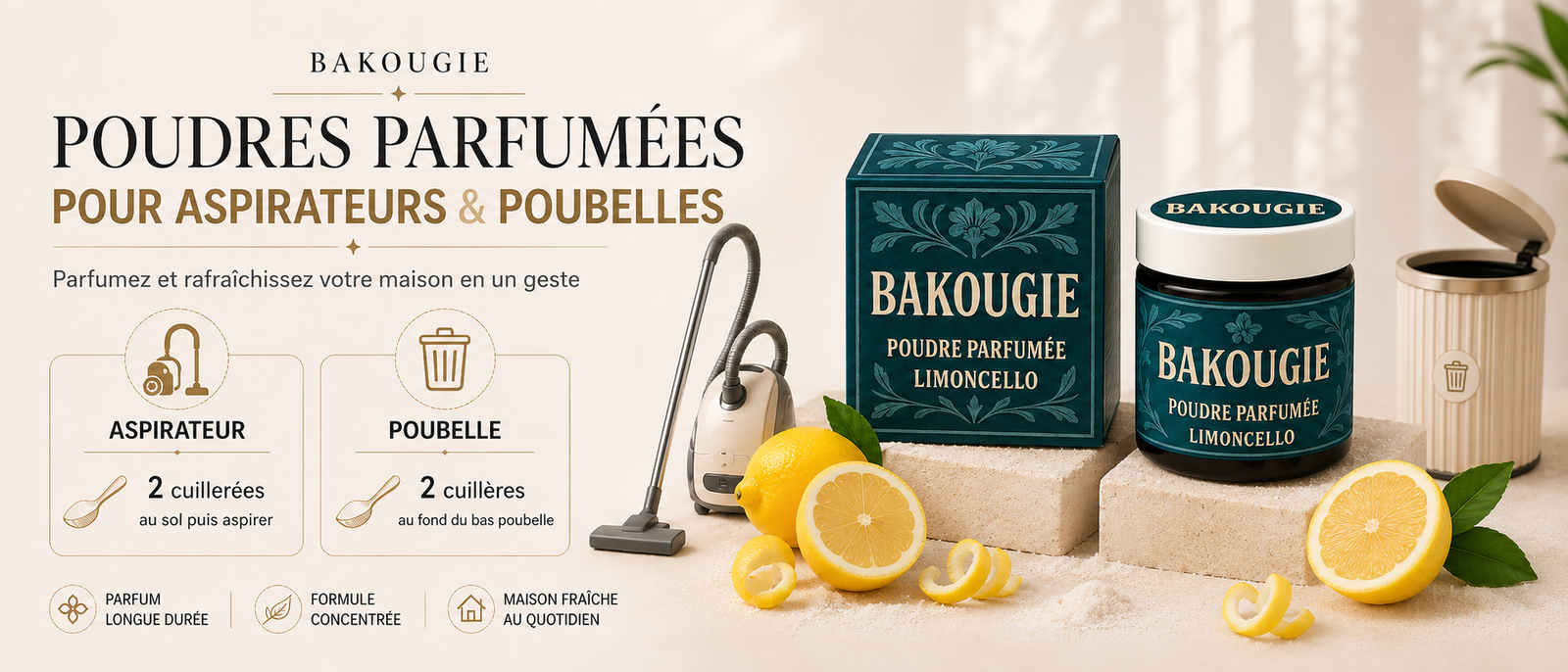 Poudres parfumées pour aspirateur Bakougie au bicarbonate, fabriquées en France