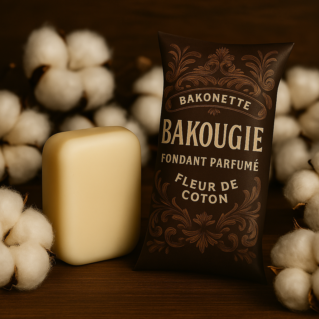 Fondant de cire parfumée fleur de coton, cire végétale et parfum français. Fabriqué à la main.