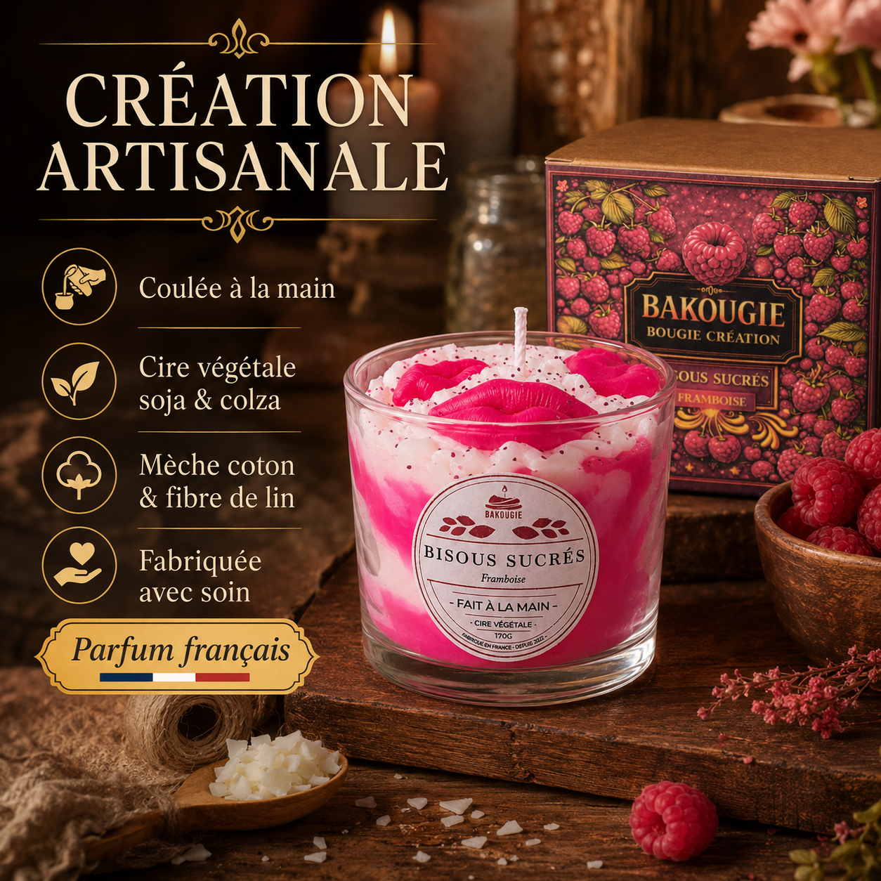 Bougie parfumée Framboise | Bisous sucrés