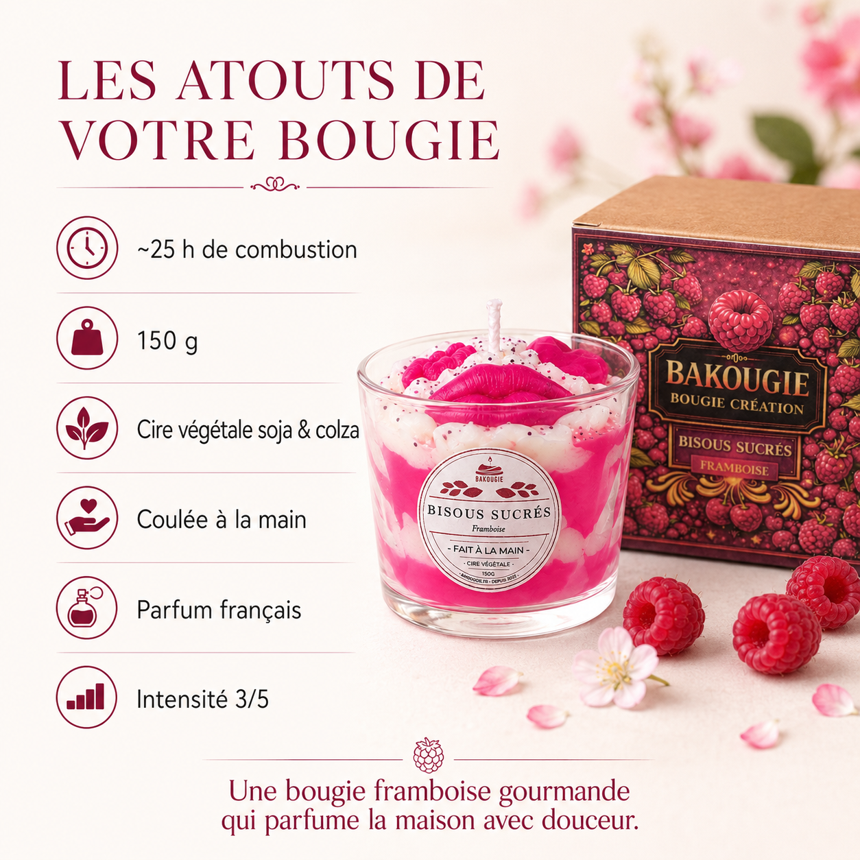 Bougie parfumée Framboise | Bisous sucrés