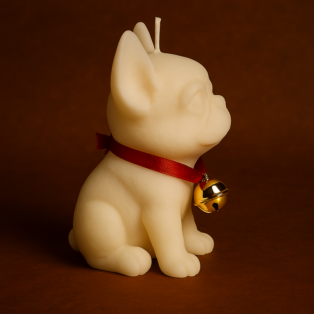 Bougie parfumée rocher praliné en forme de bouledogue. Fabriquée à la main avec de la cire végétale et un parfum Français.