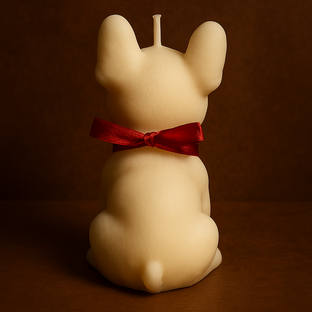 Bougie parfumée rocher praliné en forme de bouledogue. Fabriquée à la main avec de la cire végétale et un parfum Français.