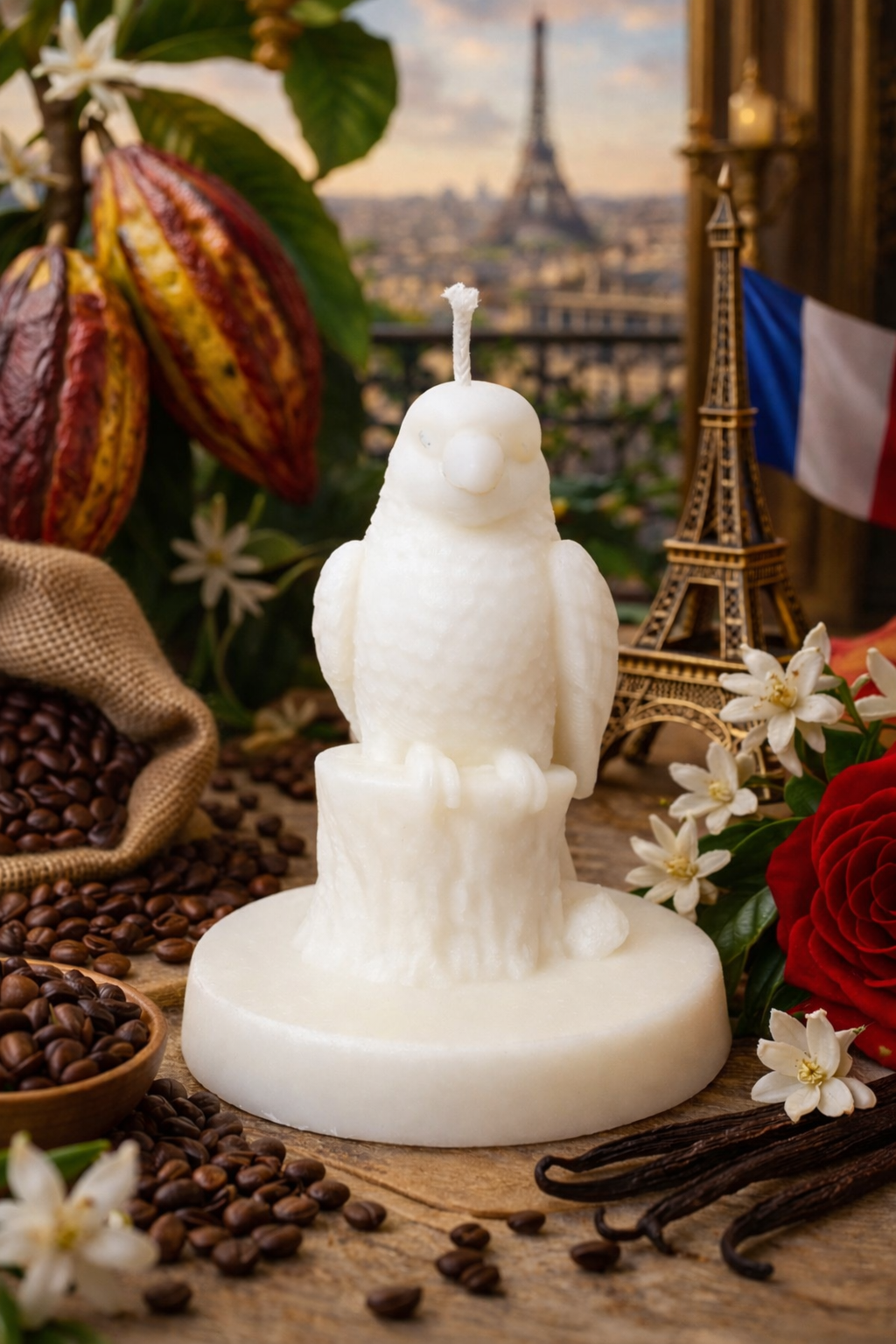 Bougie parfumée en forme de pérroquet mangue papaye vue de face