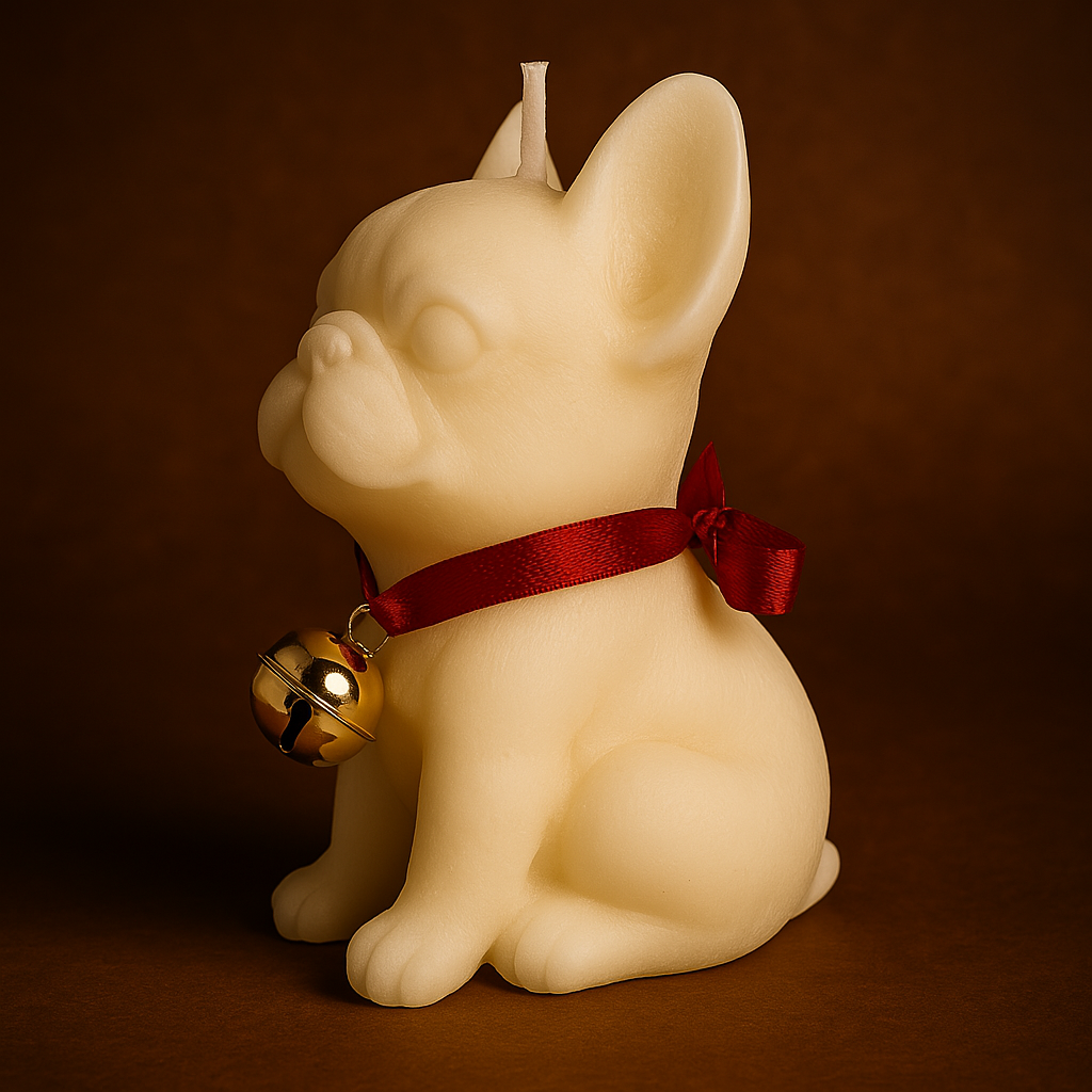 Bougie parfumée rocher praliné en forme de bouledogue. Fabriquée à la main avec de la cire végétale et un parfum Français.