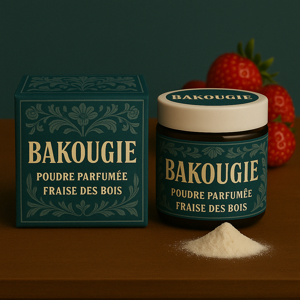 Poudre parfumée fraise des bois pour les aspirateurs et poubelles, bicarbonate de soude et fragrance de Grasse.