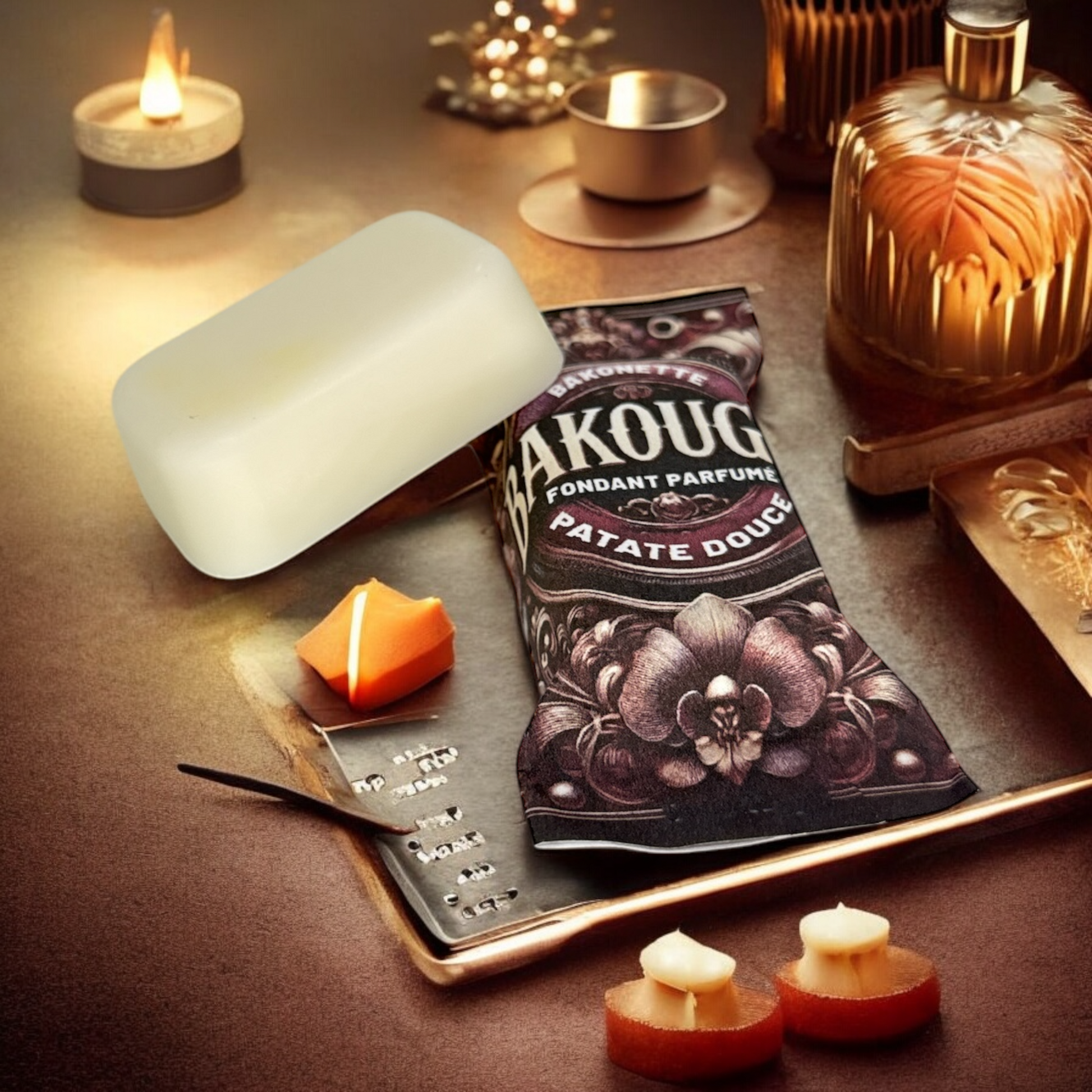 Fondant de cire parfumée patate douce, cire végétale et parfum français. Fabriqué à la main.