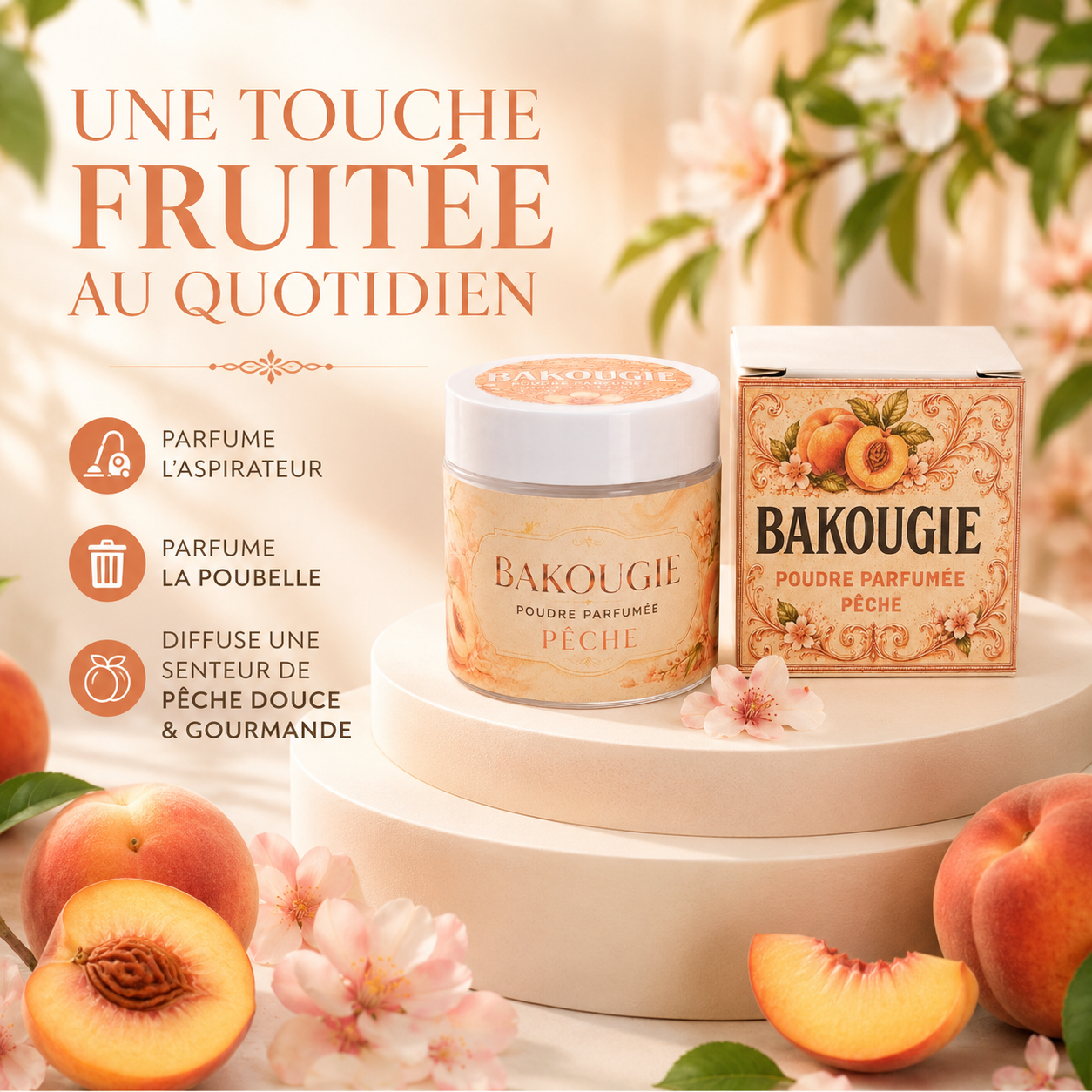 Poudre parfumée aspirateur et poubelle | Pêche