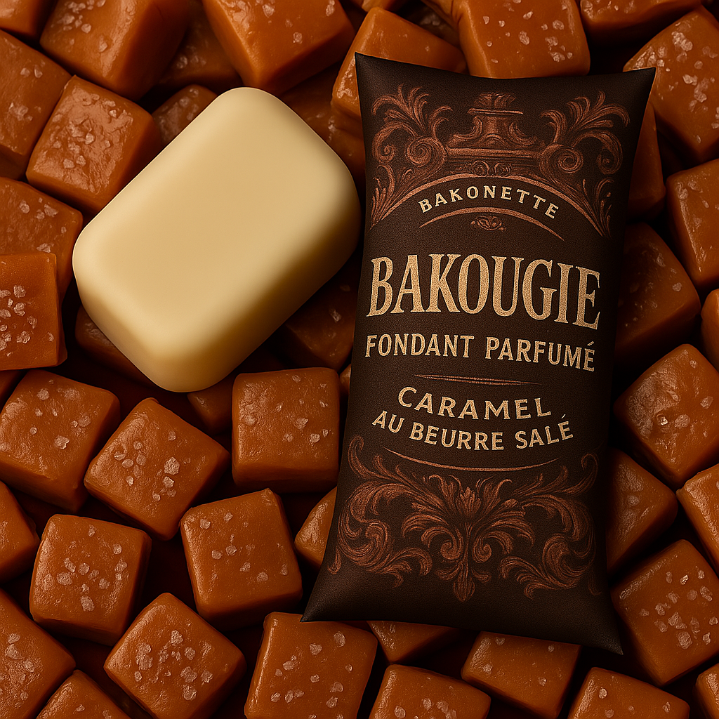 Fondant de cire parfumée caramel au beurre salé, cire végétale et parfum français. Fabriqué à la main.