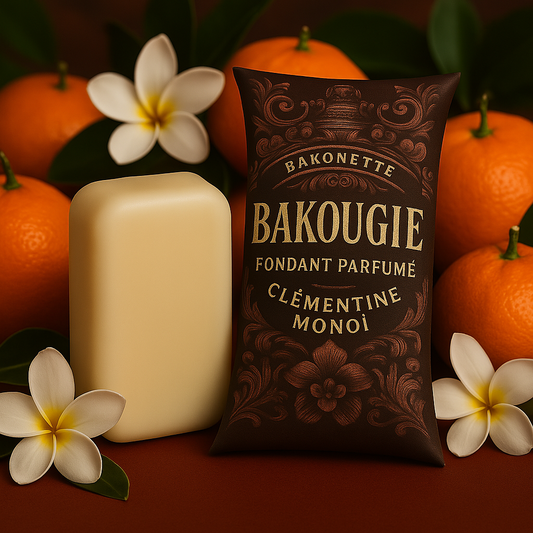 Fondant de cire parfumée clémentine monoï, cire végétale et parfum français. Fabriqué à la main.