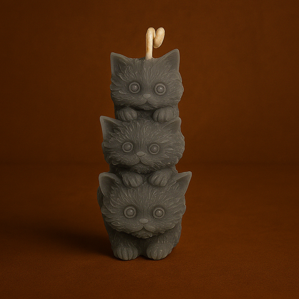 Bougie parfumée nougat blanc en forme de 3 chats l’un sur l’autre. Fabriquée à la main avec de la cire végétale et un parfum Français.