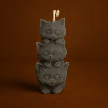 Bougie parfumée nougat blanc en forme de 3 chats l’un sur l’autre. Fabriquée à la main avec de la cire végétale et un parfum Français.
