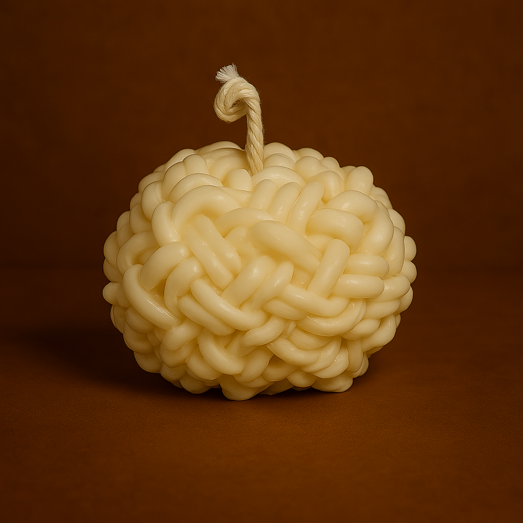 Bougie parfumée vanille en forme de pelote de laine, fabriquée à la main avec de la cire végétale et un parfum Français. Bougie création Bakougie