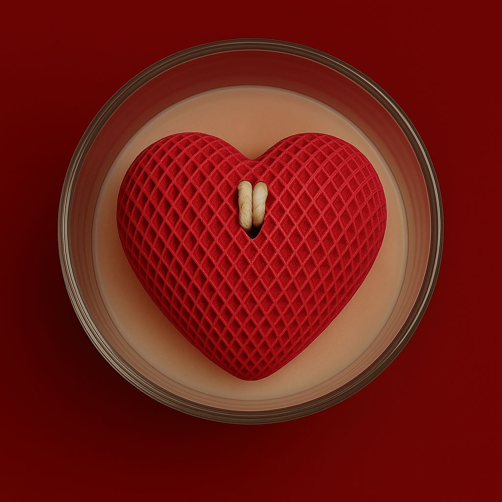 Bougie parfumée pomme d’amour avec un coeur en cire au centre, fabriquée à la main avec de la cire végétale et un parfum Français. Bougie création Bakougie