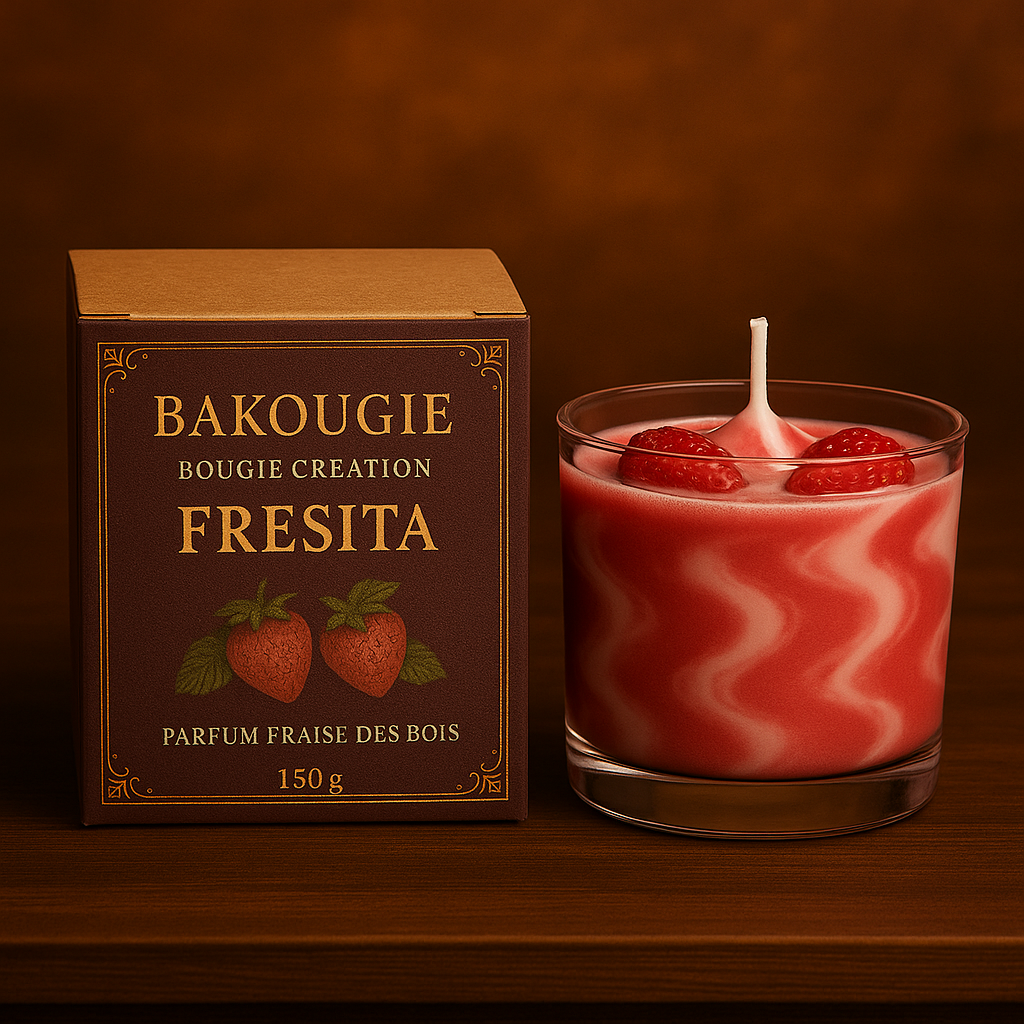 Bougie parfumée fraise des bois, fabriquée à la main avec de la cire végétale et un parfum Français. Bougie création Bakougie