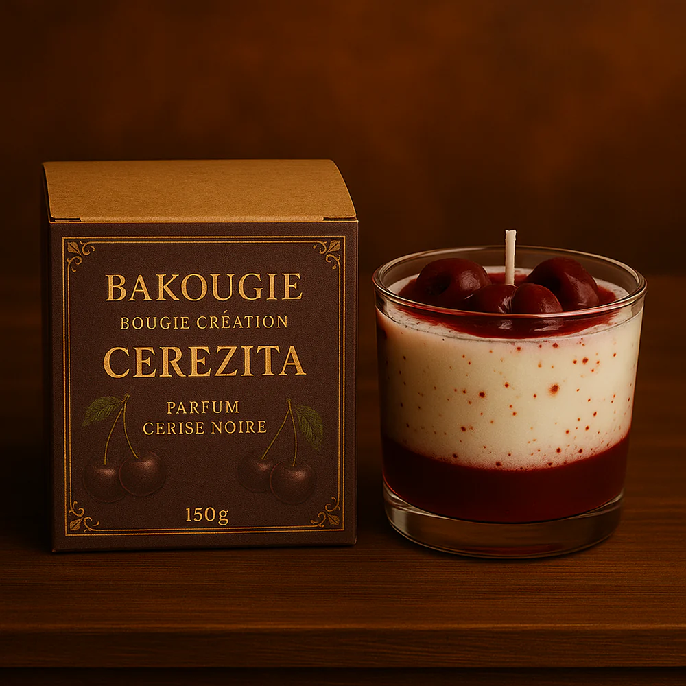 Bougie parfumée cerise noire, fabriquée à la main avec de la cire végétale et un parfum Français. Bougie création Bakougie