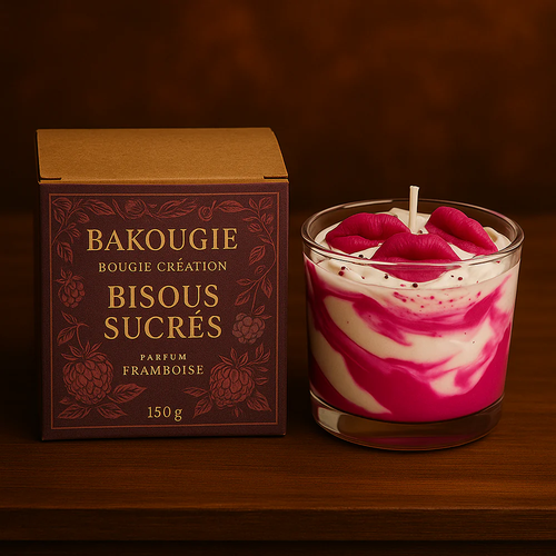 Bougie parfumée à la framboise, fabriquée à la main avec de la cire végétale et un parfum Français.