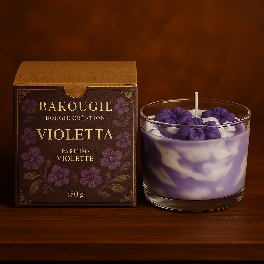 Bougie parfumée à la violette, fabriquée à la main avec de la cire végétale et un parfum Français. Bougie création Bakougie