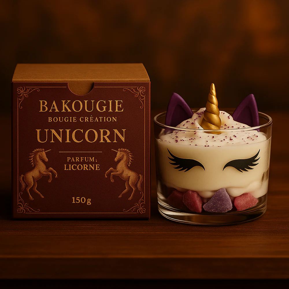 Bougie parfumée licorne, fabriquée à la main avec de la cire végétale et un parfum Français. Bougie création Bakougie