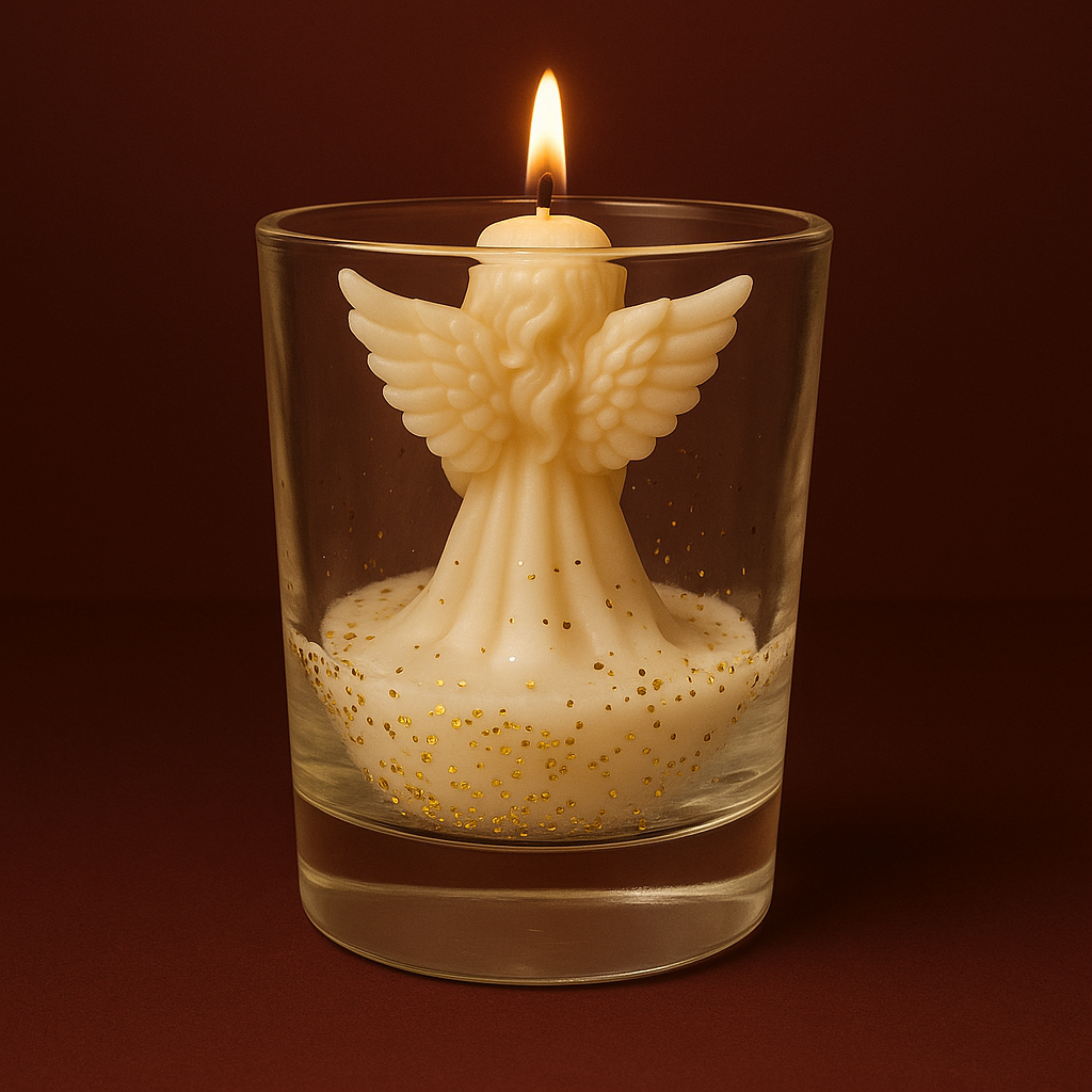 Bougie parfumée Angelito, représentant un ange, disponible en 19 parfums au choix. Fabriquée à la main avec de la cire végétale 