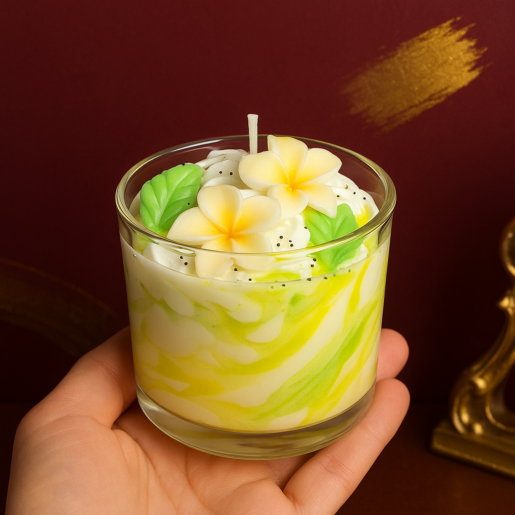 Vue du dessus de la bougie parfumée poire freesia